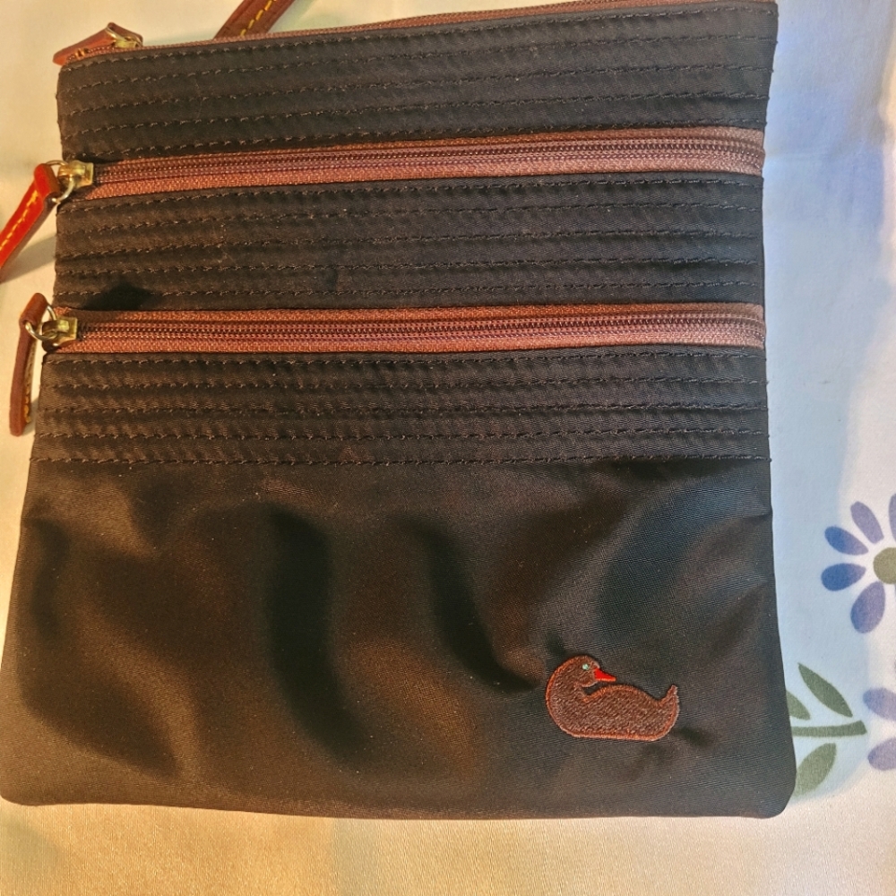 Dooney & Bourke Black Crossbody Triple Zip Nylon Purse with Pink Lining